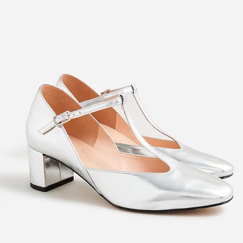 J crew silver mirror Millie T-strap heels in metallic leather